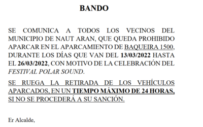 Prohibición de aparcar en el parking de Baqueira 1500 hasta el 26 de marzo