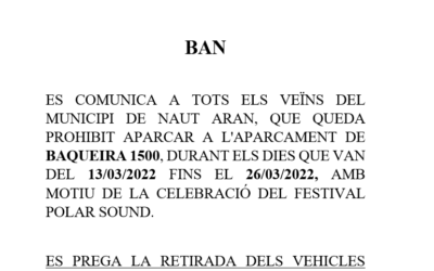 Prohibició d´aparcar al pàrquing de Baqueira 1500 fins el 26 de març