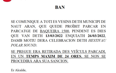 Proïbicion tà parcar en parcatge de Baqueira 1500 enquiath 26 de març